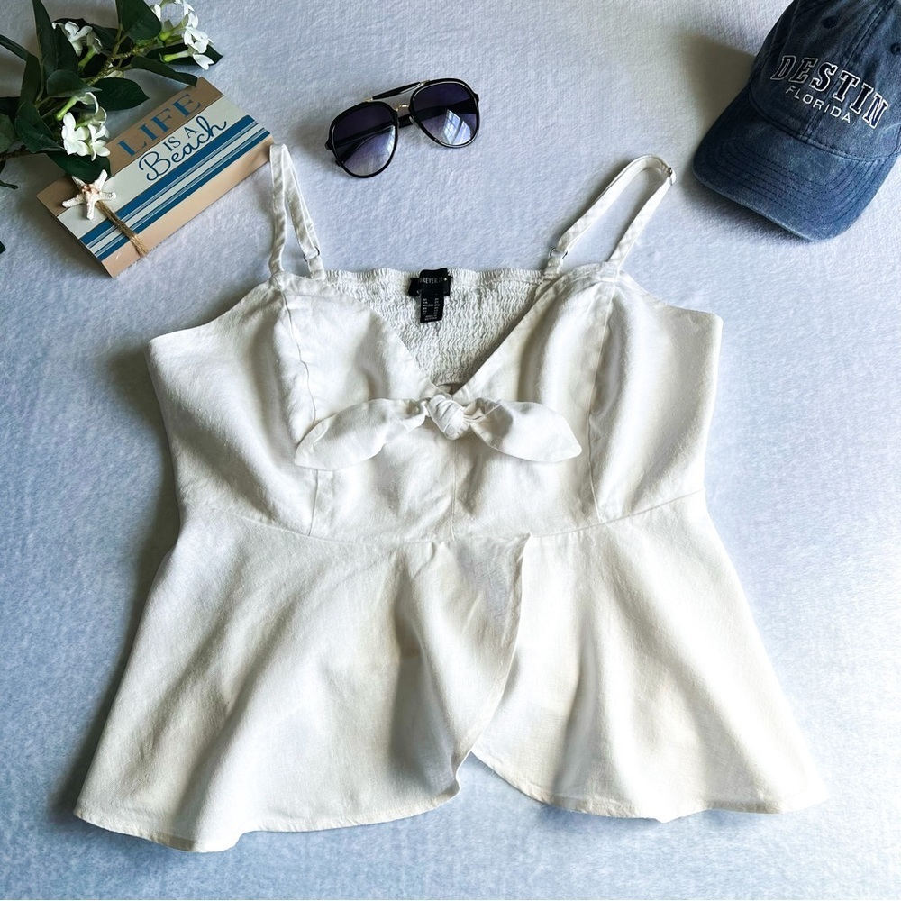 Forever 21 Sz 2X Ivory Faux Knot Crop Top Sweetheart Linen Blend